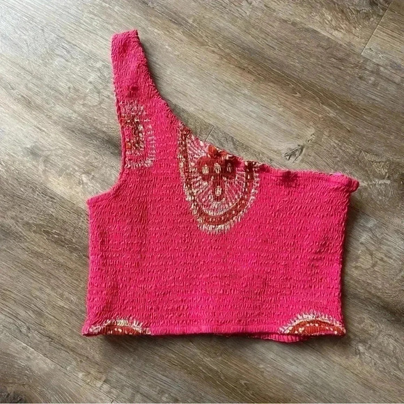 House of Harlow 1960 Small One Shoulder Crop Top Smocked 100% Cotton Hot Pink - Picture 2 of 7